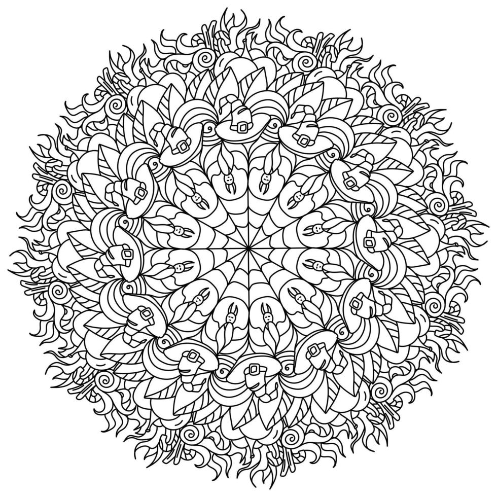 Halloween mandala, coloring page with bats, witch hats and pumpkins vector