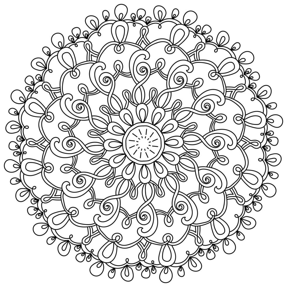 Outline mandala with many loops, meditative coloring page with ornate patterns vector