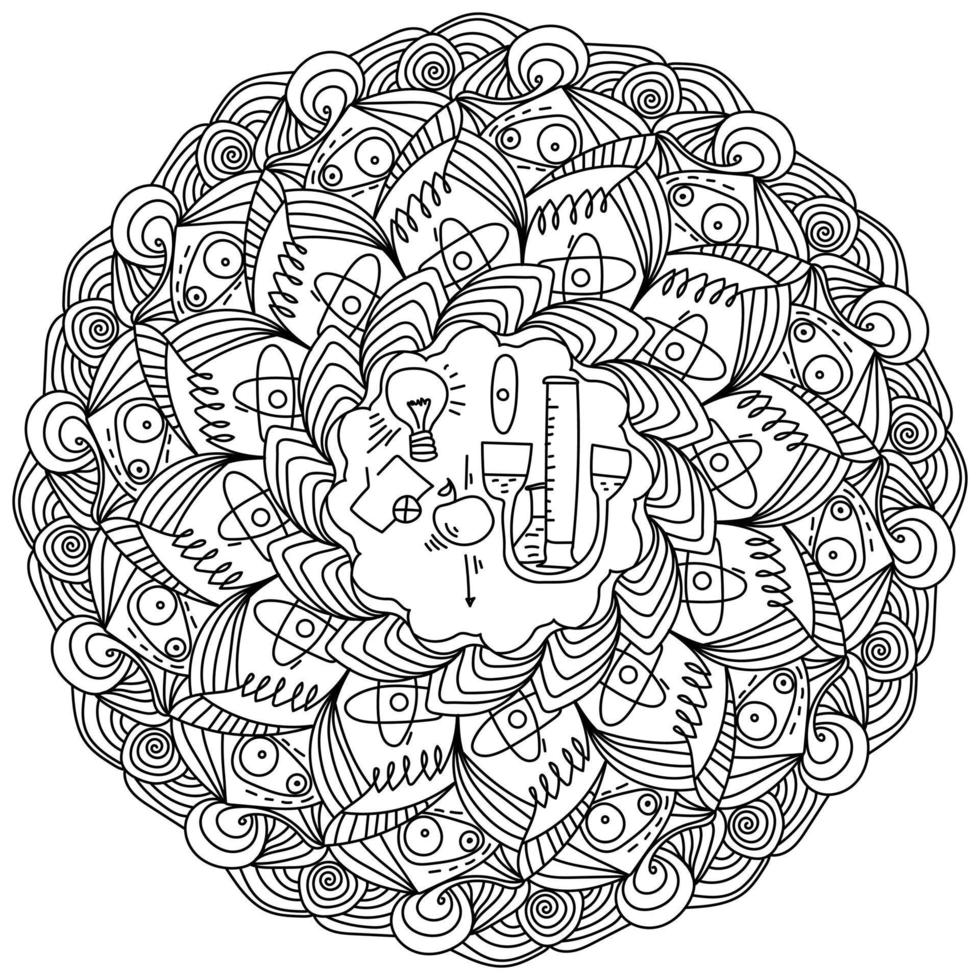 Mandala on a scientific theme, ornate coloring page with different motives from physics vector