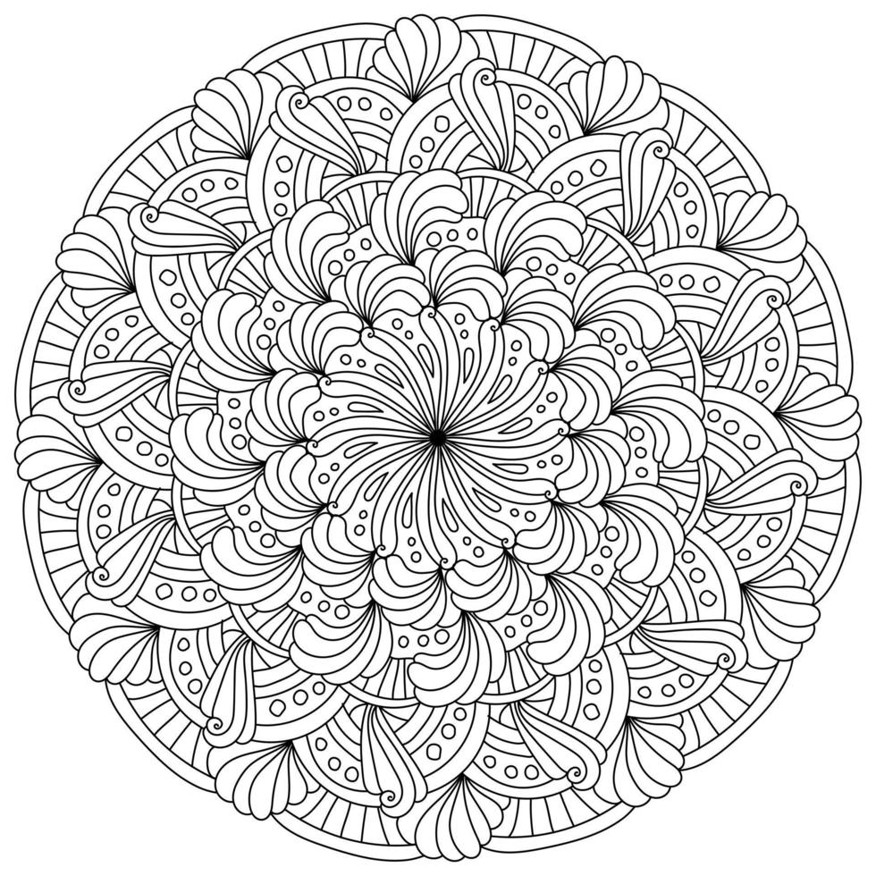 mandala abstracto con pétalos y puntos ornamentados, página de coloración meditativa vector