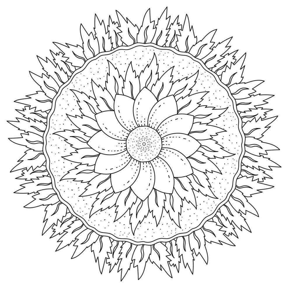 Mandala flower with one row of petals and two rows of leaves, meditative coloring page on nature theme vector