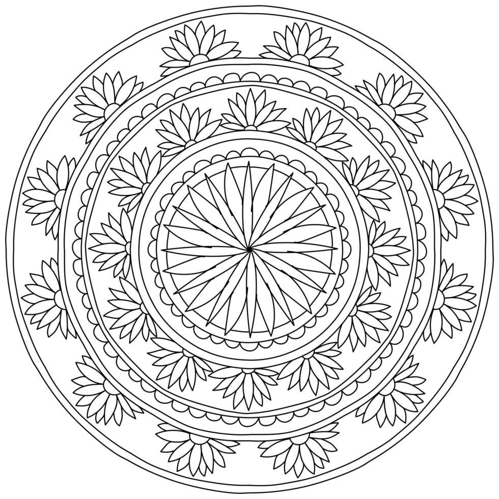 Abstract mandala with ornate lotus flowers and dots, meditative coloring book vector