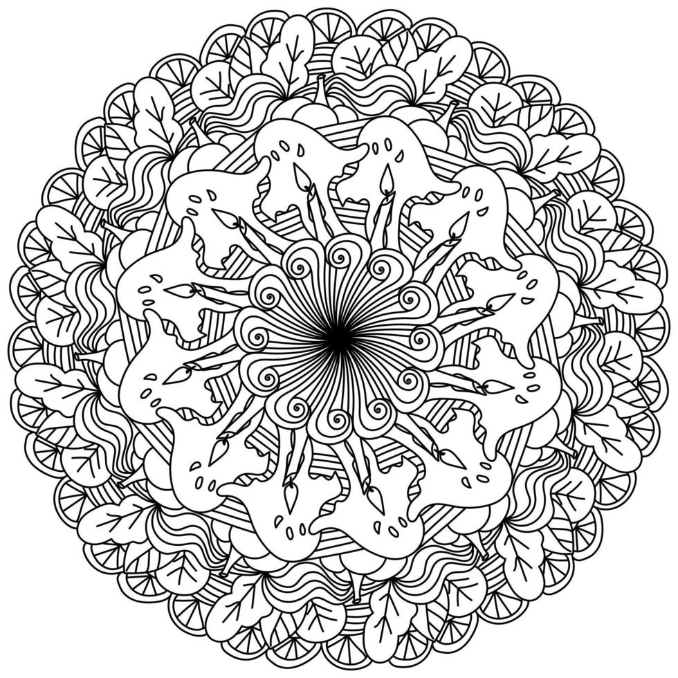 Halloween mandala, coloring page with ghosts, candles and autumn attributes vector