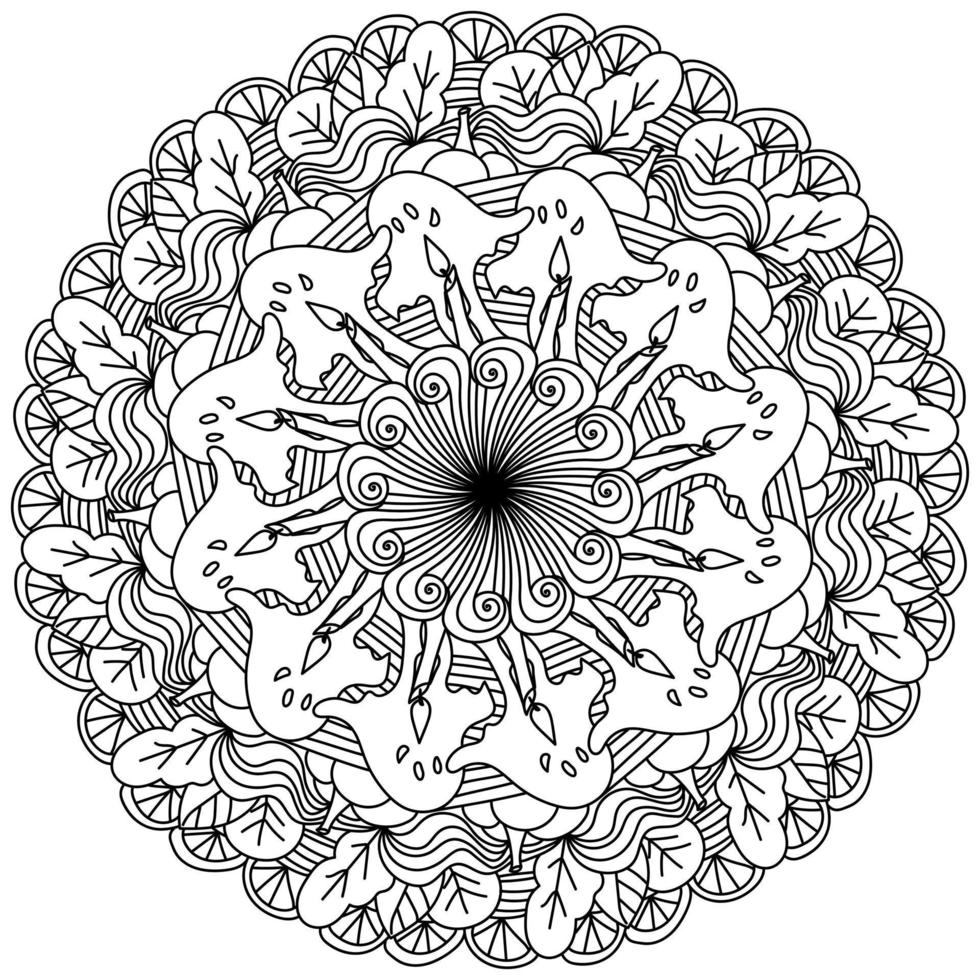 Halloween mandala, coloring page with ghosts, candles and autumn attributes vector