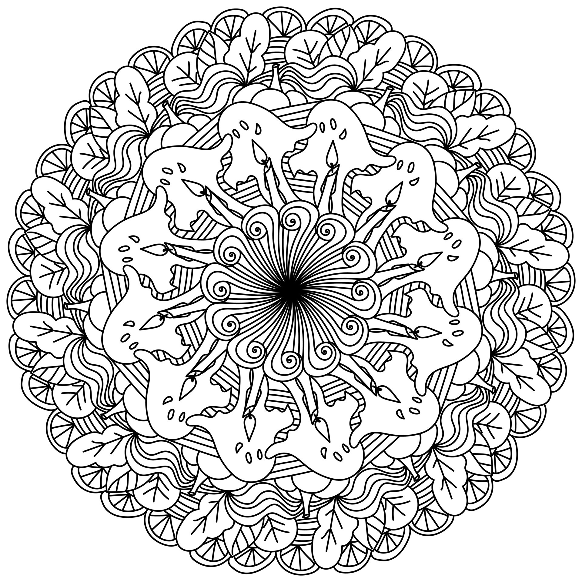 Halloween mandala, coloring page with ghosts, candles and autumn