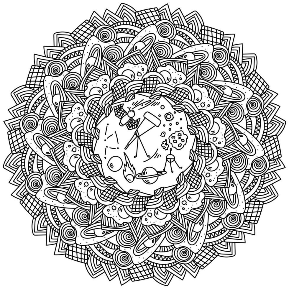 Science mandala about astronomy, outer space and space phenomena ornate coloring page vector