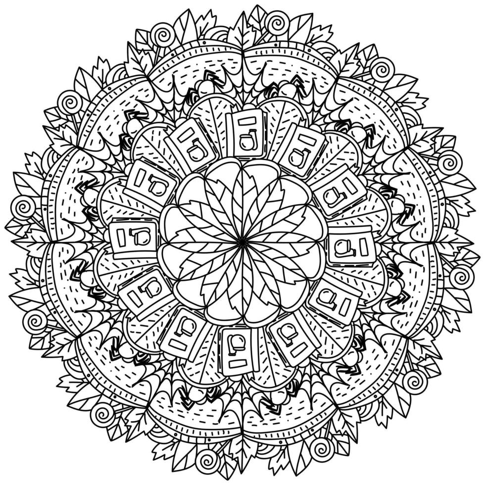 Mandala for Halloween, coloring page with magic books, cobwebs and autumn leaves vector