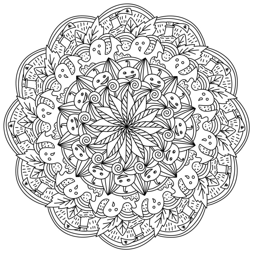 Halloween mandala outline, pumpkin and ghost holiday coloring page vector