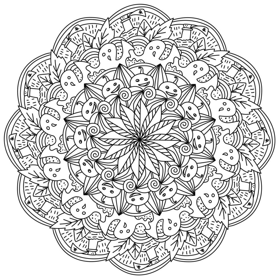 esquema de mandala de halloween, página para colorear de vacaciones de calabaza y fantasmas vector