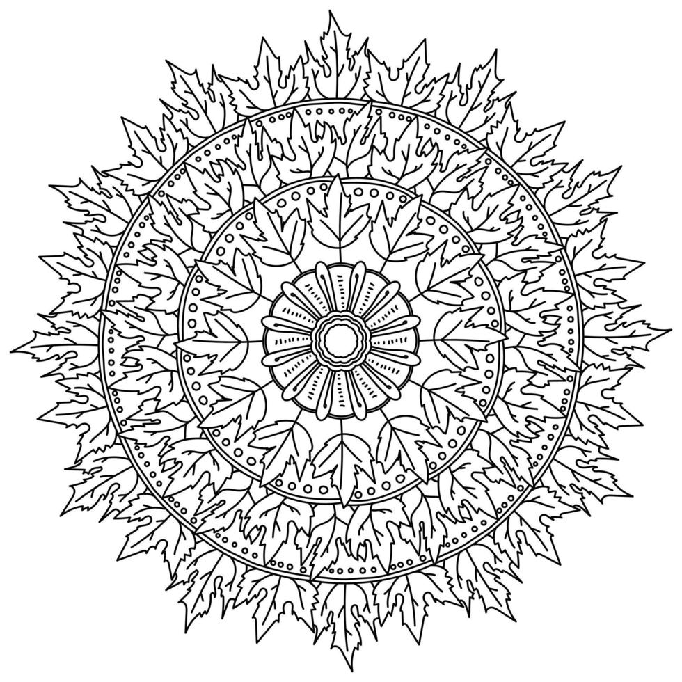 Ornate mandala with maple leaves and patterns, autumn meditative antistress coloring page vector