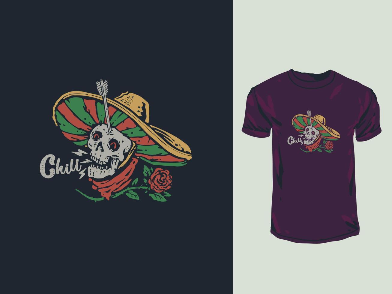 diseño de camiseta vintage de calavera de sombrero mexicano vector