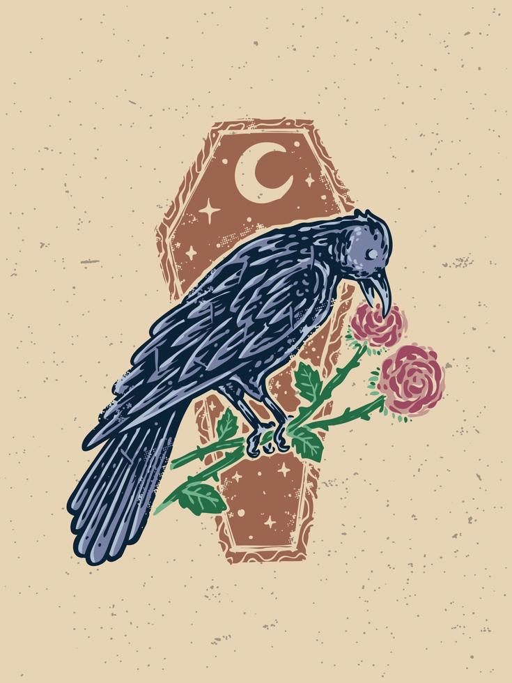 Romantic crow and the roses vintage style illustration vector