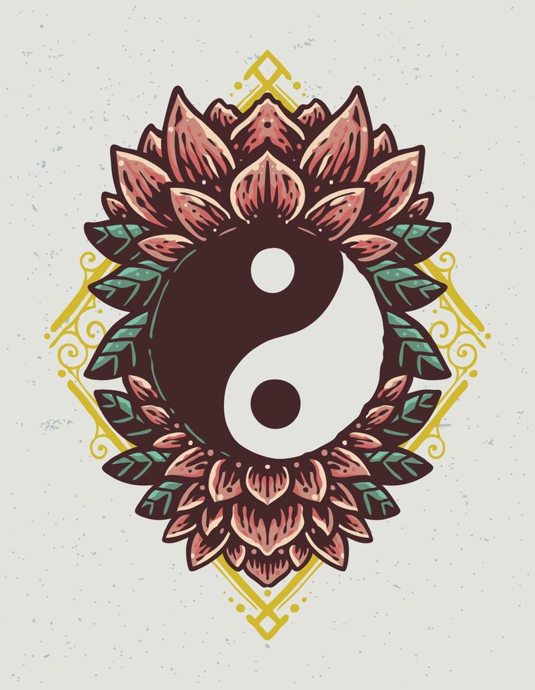 Yin yang symbol with lotus vintage style illustration vector