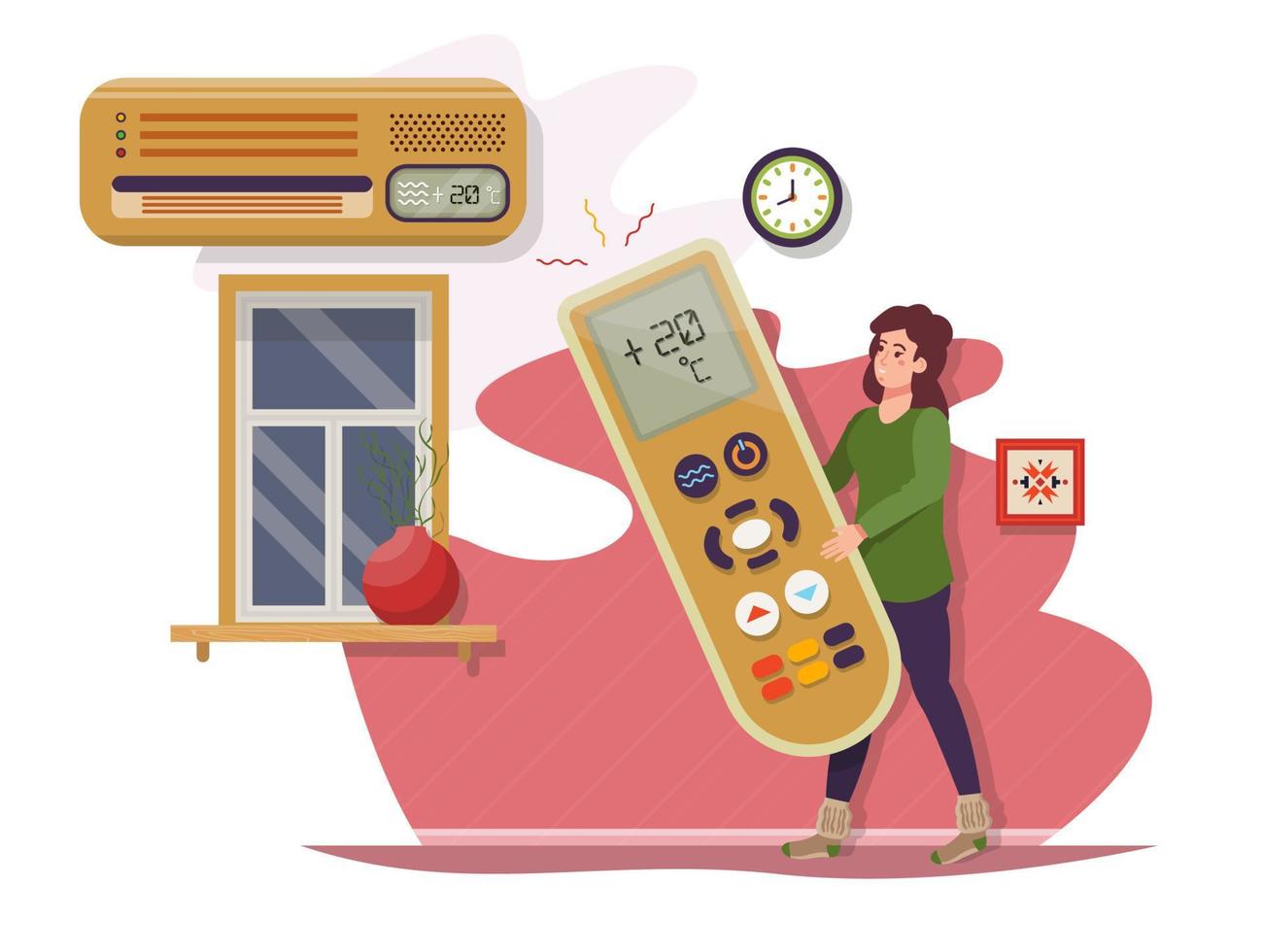 Woman wearing warm clothes reducing room temperature on the heater, air conditioner, climate control. Warm at home. Freezing at home. Economy of energy.  Energy saving concept. vector