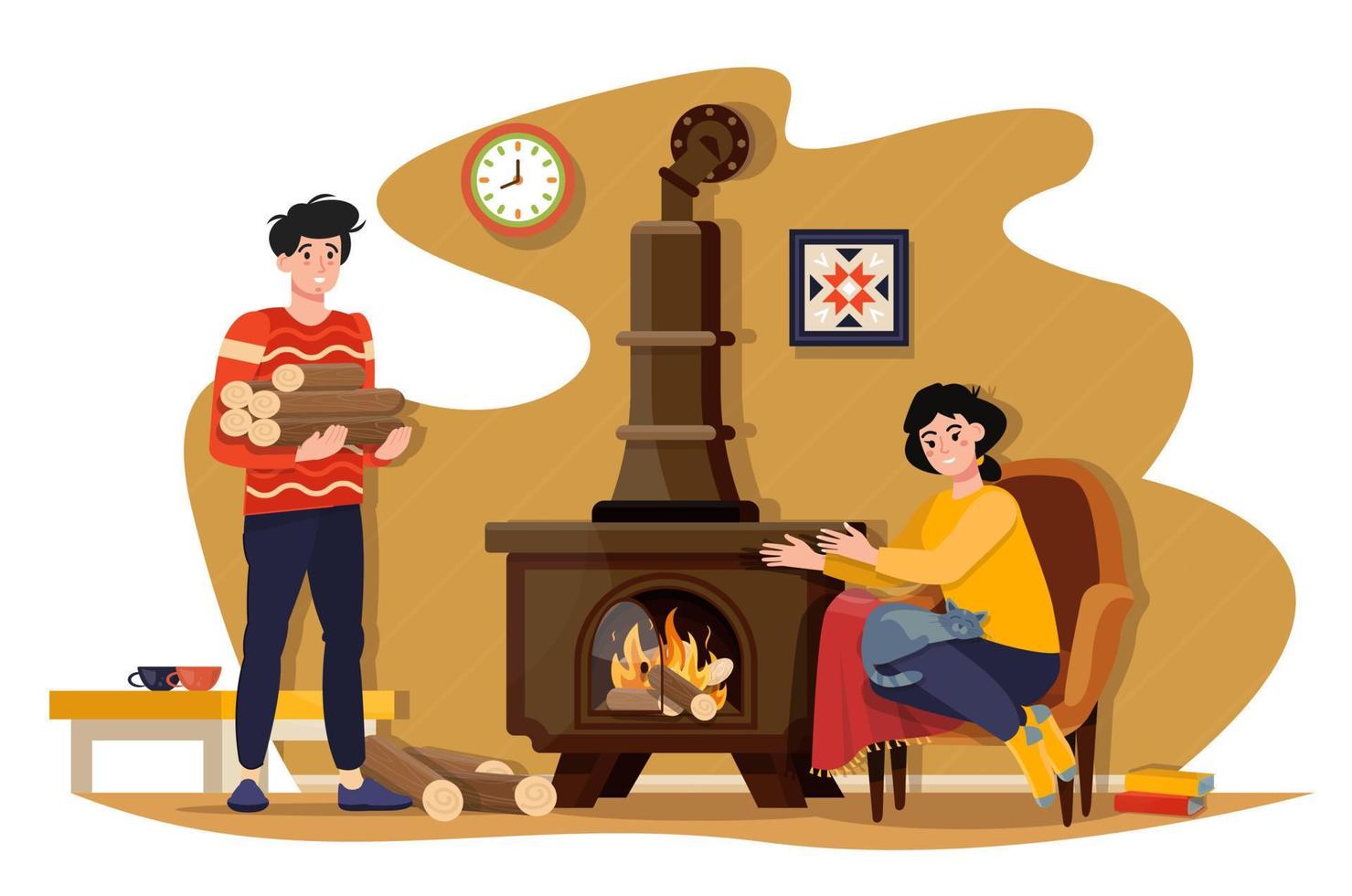 Man and woman warming their home by burning wooden logs in modern stove. People wearing warm clothes freezing at home in winter. Heating in the room. Flat vector illustration.