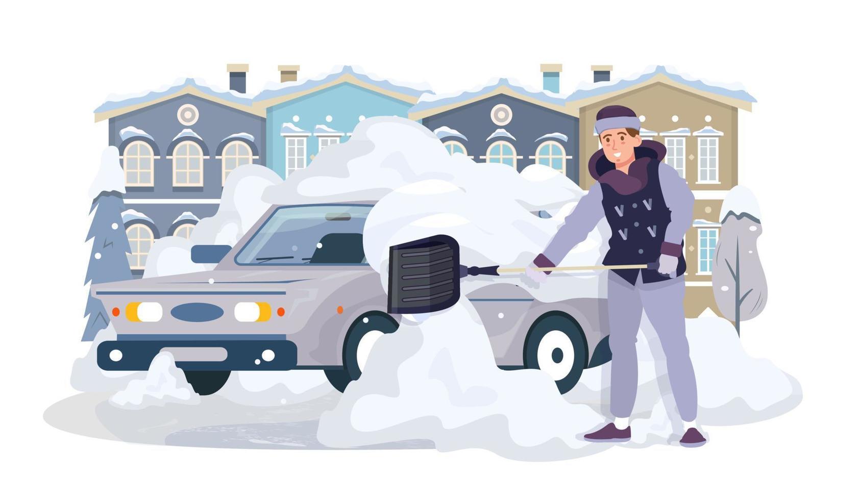 Man cleaning his car from the snow with a shovel. Car covered with snow. Snowstorm in winter. Snowy roads. Snow removal. Flat vector illustration