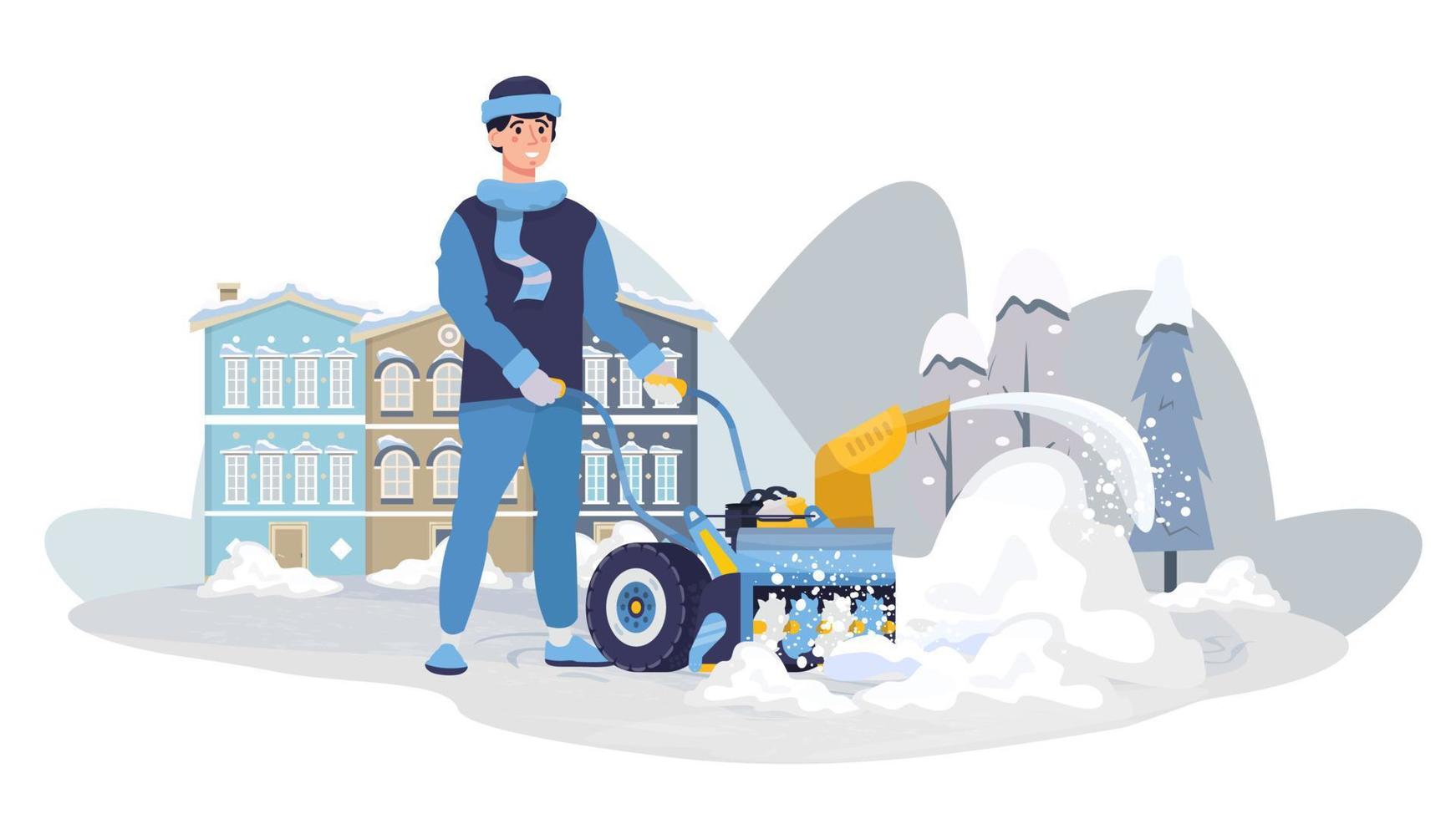 Man removing snow with a snow blower machine. Cleaning snowy road in the city. Winter urban works. Flat vector illustration.