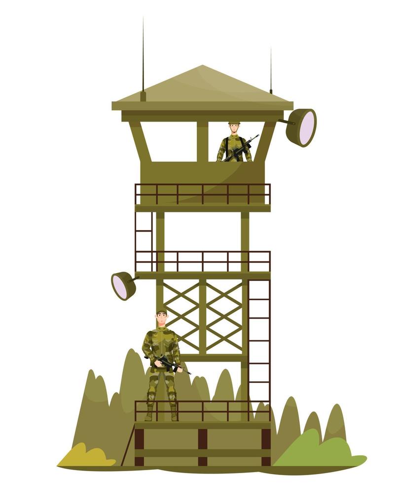 torre de vigilancia, torre de vigilancia con guardias, soldados. cuidado, base militar, campamento. servicio militar. ilustración vectorial plana. concepto del ejército. vector