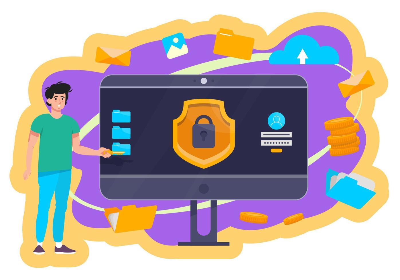 Data safety concept. Password, log in, authorization, Lock on the computer. Male character protects his account in the internet. User ensures cyber security. Flat vector illustration