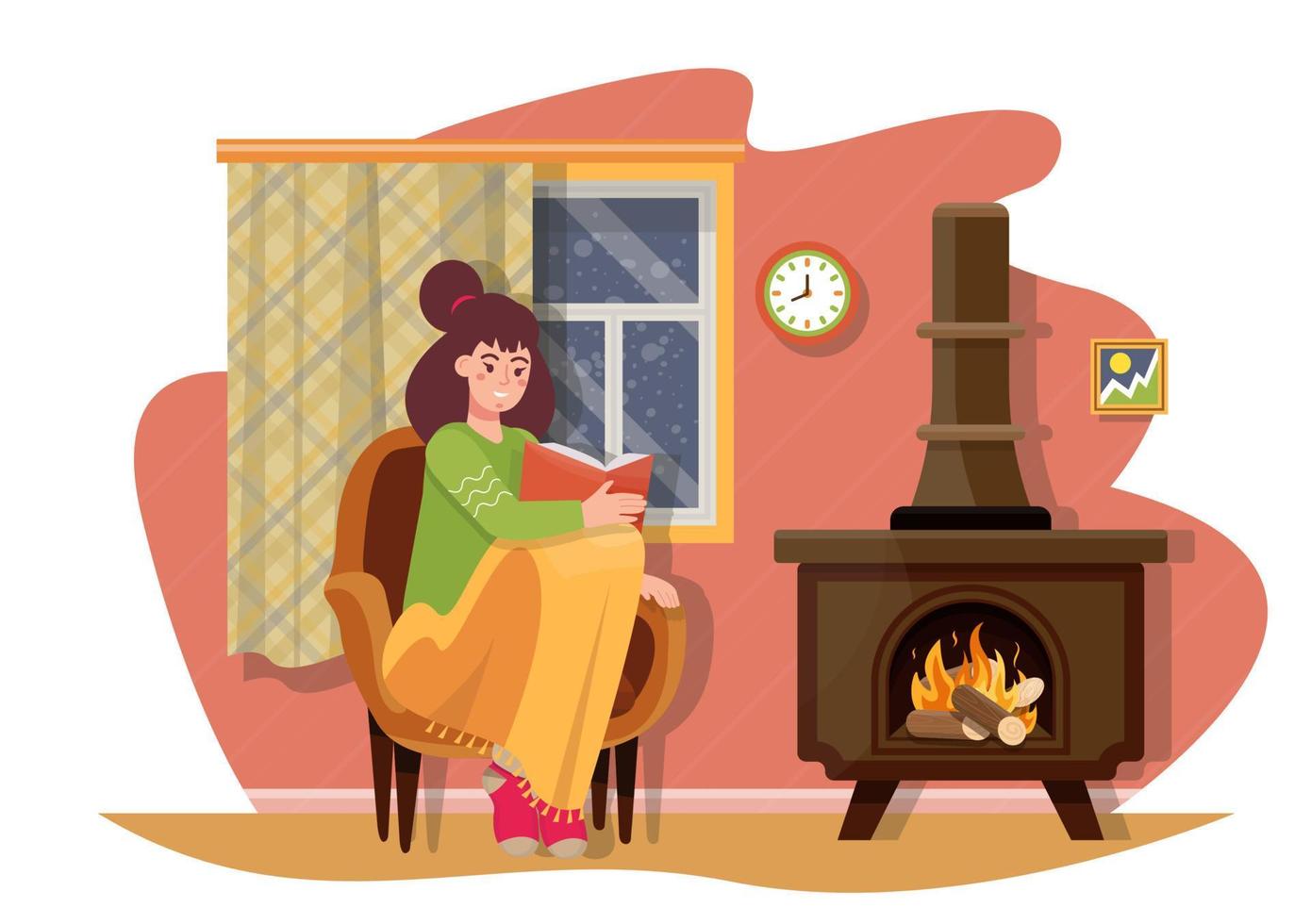 Woman sitting in the armchair covered in blanket and reading a book near potbelly stove with burning wood. Freezing at home. Warming the room with a heater in cold weather. Flat vector illustration.