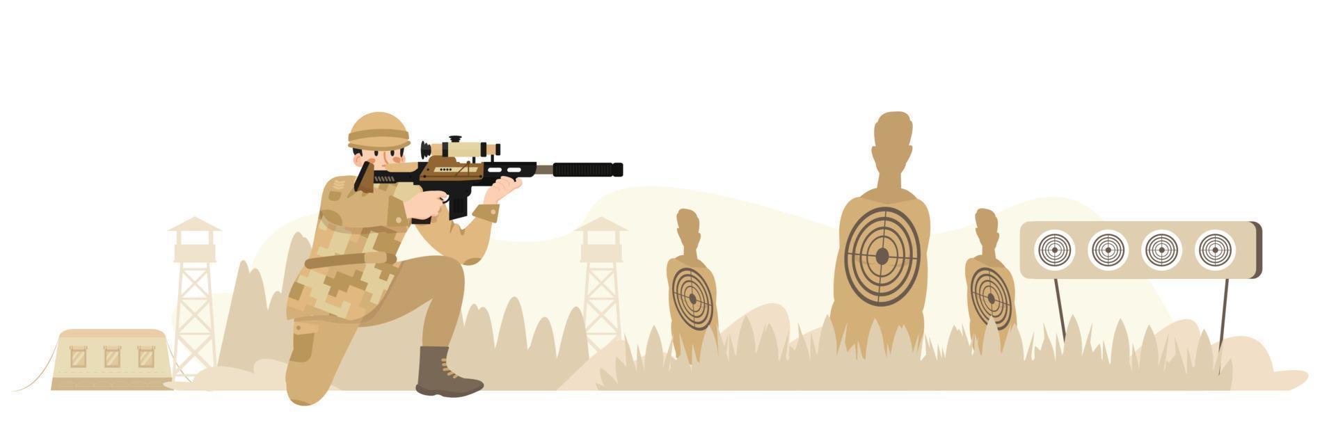 entrenamiento militar, entrenamiento militar. soldado practicando tiro con rifle. tiro al blanco. francotirador, tirador. técnica de lucha. ilustración vectorial plana. vector