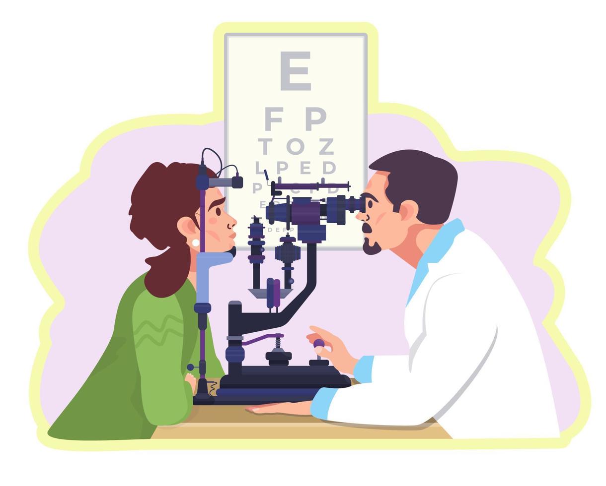 oftalmólogo revisando la vista del paciente usando una lámpara de hendidura. oftalmólogos, oculistas. cita. cuidado de ojos. chequeo. ilustración vectorial plana. vector