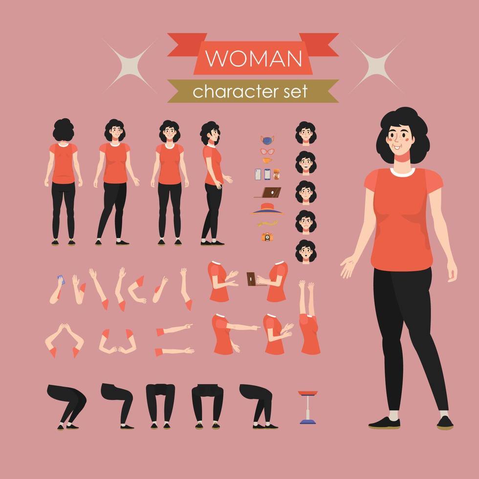 Female character set. Woman character set. Poses, gestures of a girl. Collection of emotions happy, glad, neutral, shocked, surprised, angry. Hands holding objects. vector