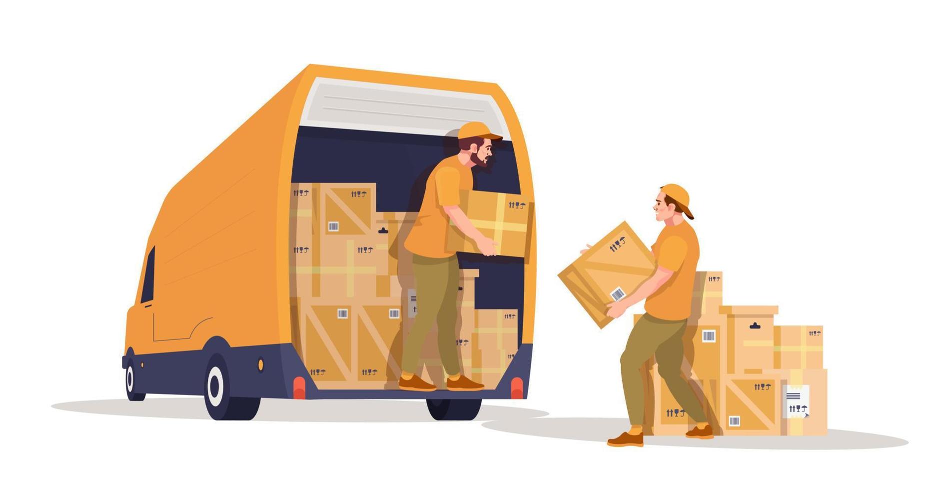 Home moving service.  Loaders, movers loading boxes in the van. Moving to the new flat, apartment. Service. Ad, banner. Flat vector illustration.