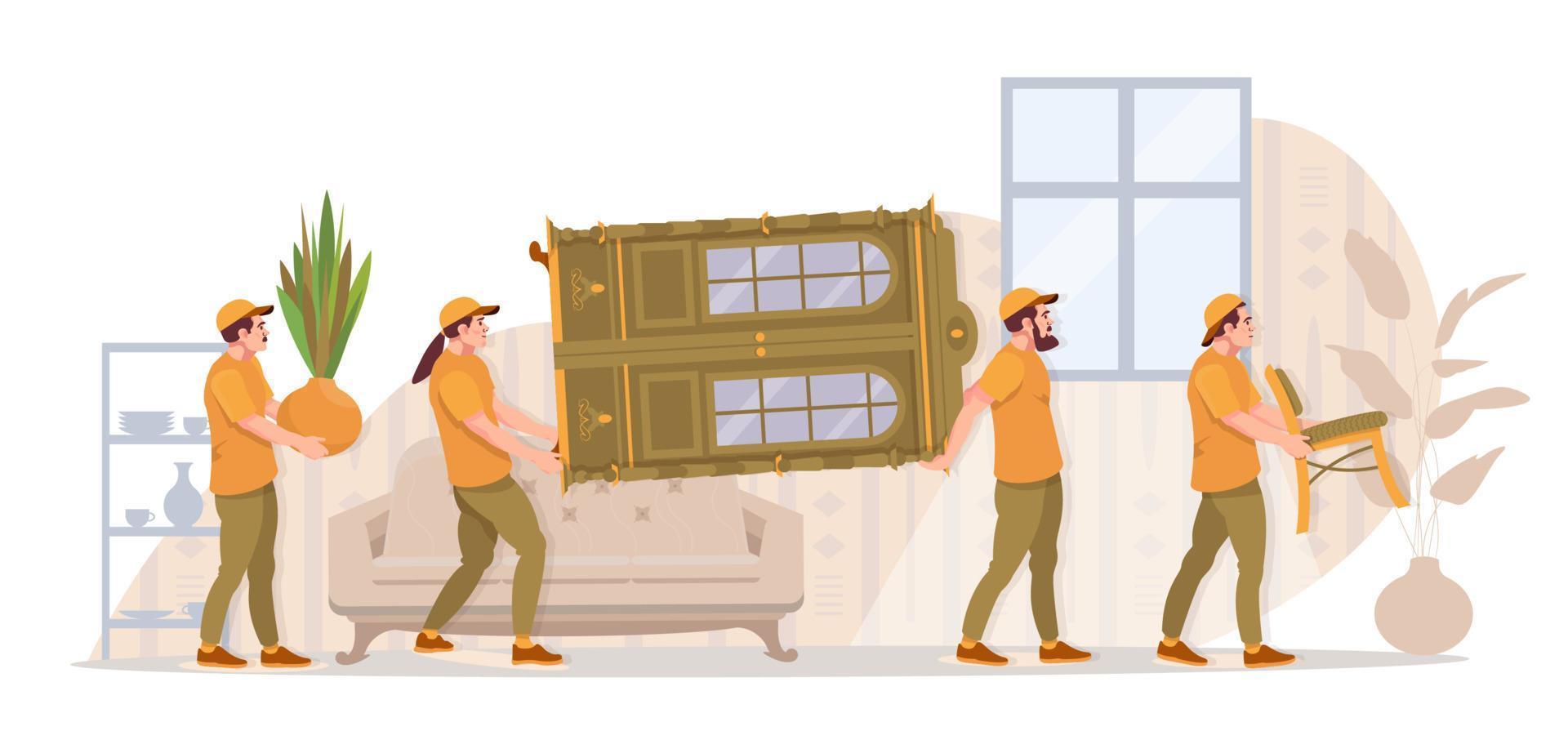 Home moving service.  Loaders, movers carrying furniture. Moving to the new flat, apartment. Ad, banner. Flat vector illustration.