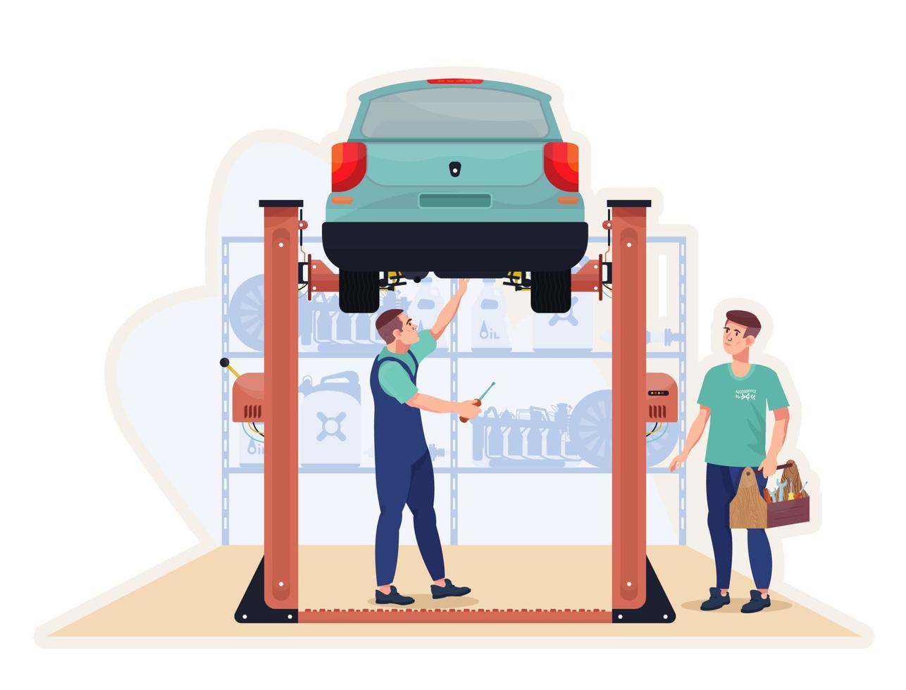 Repairmen repairing car in the workshop. Inspection, diagnostics. Workers fixing  car after breakdown. Flat vector illustration.