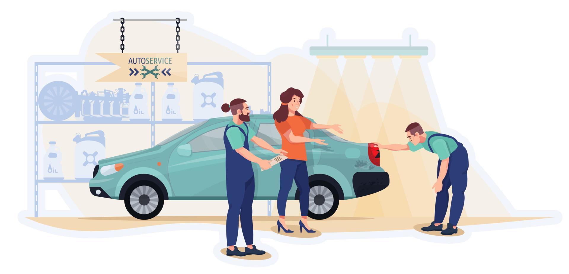 Mechanics examining a car of the client in the workshop.  Diagnostics and maintenance. Tire change.  Car repair service. Flat vector illustration.