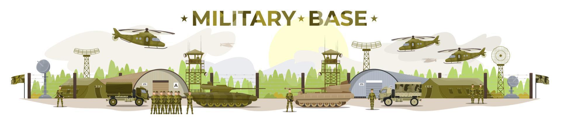 base militar que incluye soldados, helicópteros, tanques, tiendas de campaña, edificios de almacenamiento, camiones. Entrenamiento militar. uniforme militar. ilustración vectorial plana. vector