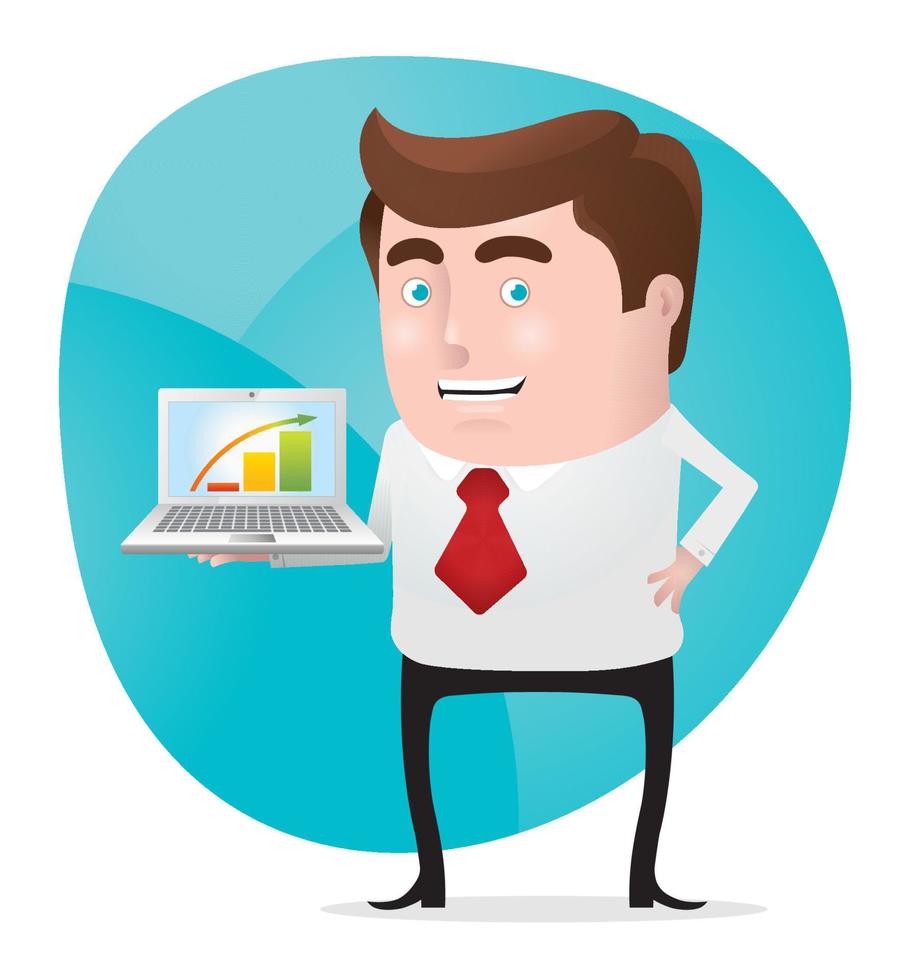 Businessman with laptop on his hand presenting a nice bar chart vector