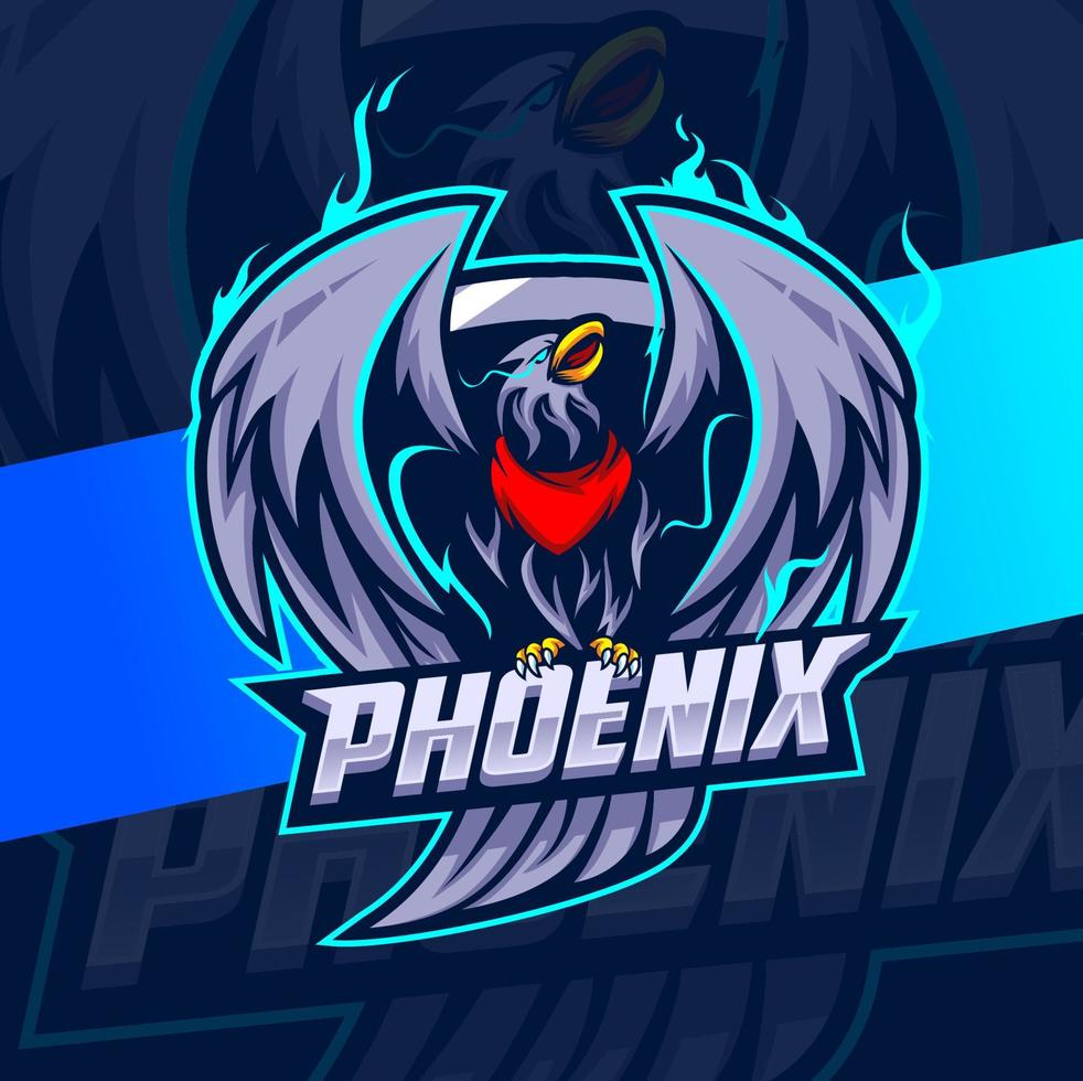 flying phoenix eagle bird with blue fire mascot character esport design for gamer team and sport logo design vector
