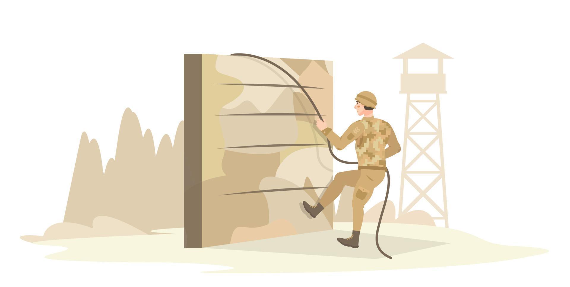 Army training, military training. Solider climbing over an obstacle. Physical training in the military camp, base. Sport. Fight, combat preparation. Flat vector illustration.