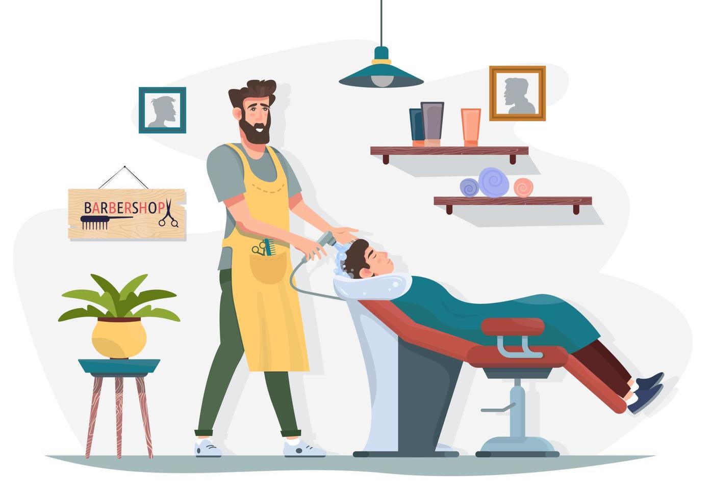 Barber washing hair of the client in barbershop. Salon interior. Hairdressing flat vector illustration.