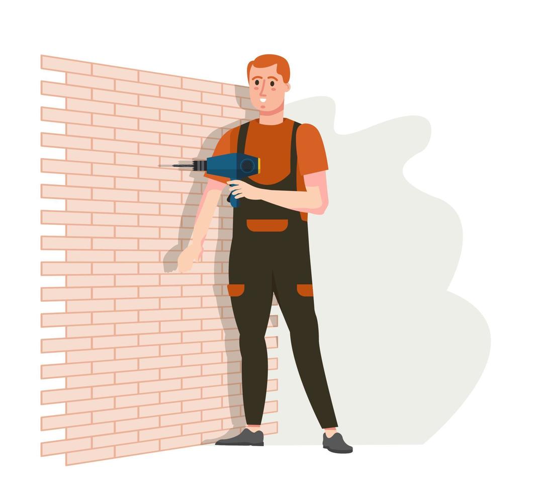 Worker drilling hole in the wall. Renovation, repair works. Master professional service. Advertisement, banner. Flat vector illustration.