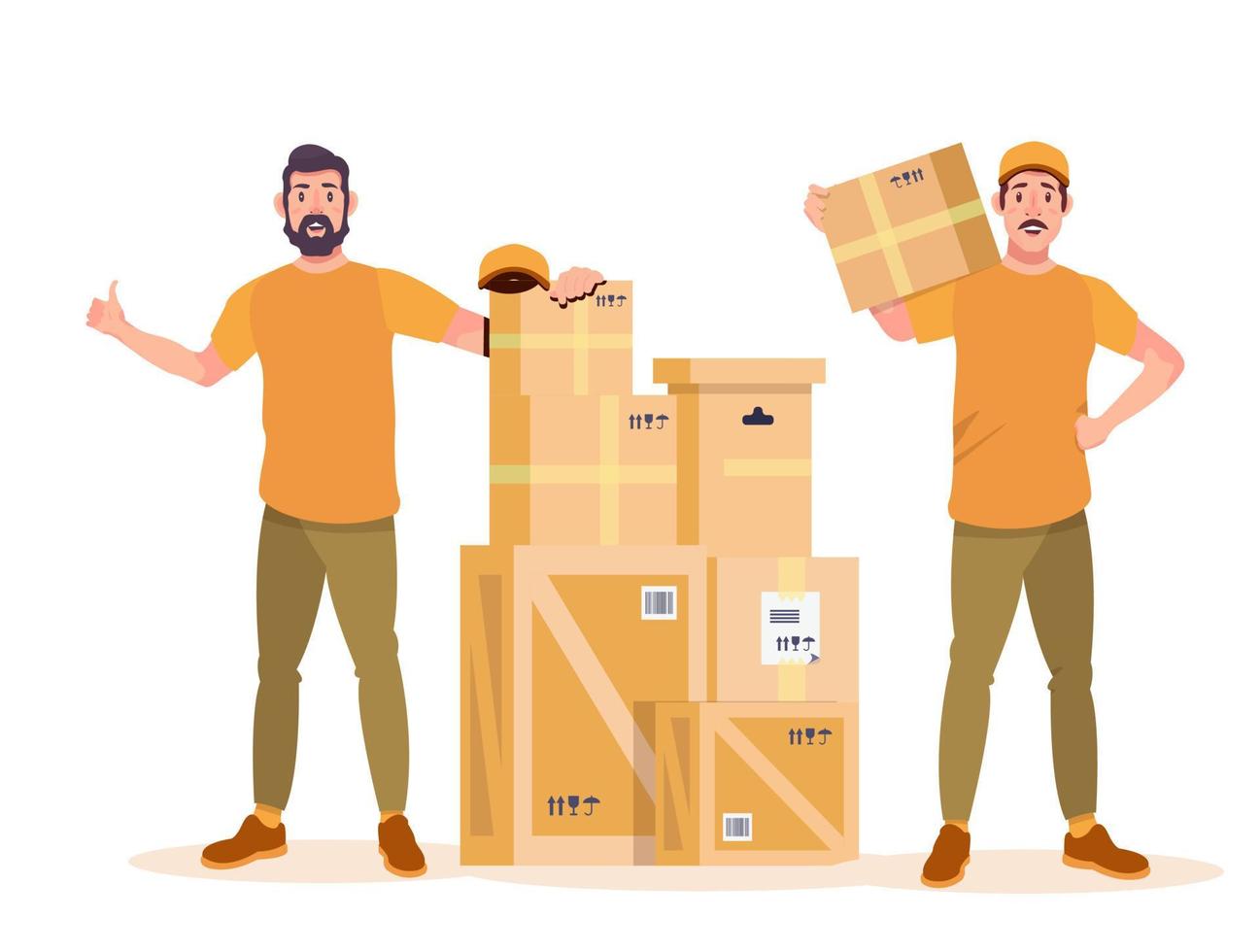 Home moving service.  Loaders, movers standing with boxes. Relocation service. Moving to the new flat, apartment. Ad, banner. Flat vector illustration.