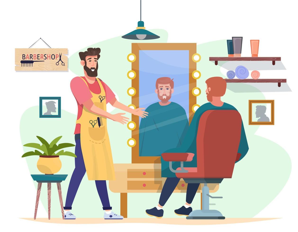 peluquero y cliente en la barbería. estilista muestra el resultado del afeitado, corte de pelo. interior del salón. tratamiento de belleza para hombres. ilustración vectorial plana. vector