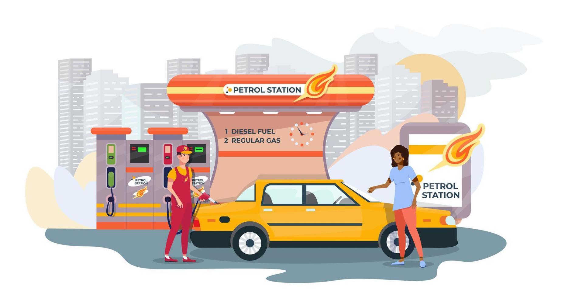 asistente de gasolinera llenando el coche del cliente. Servicio. petróleo y gas, combustible. vector