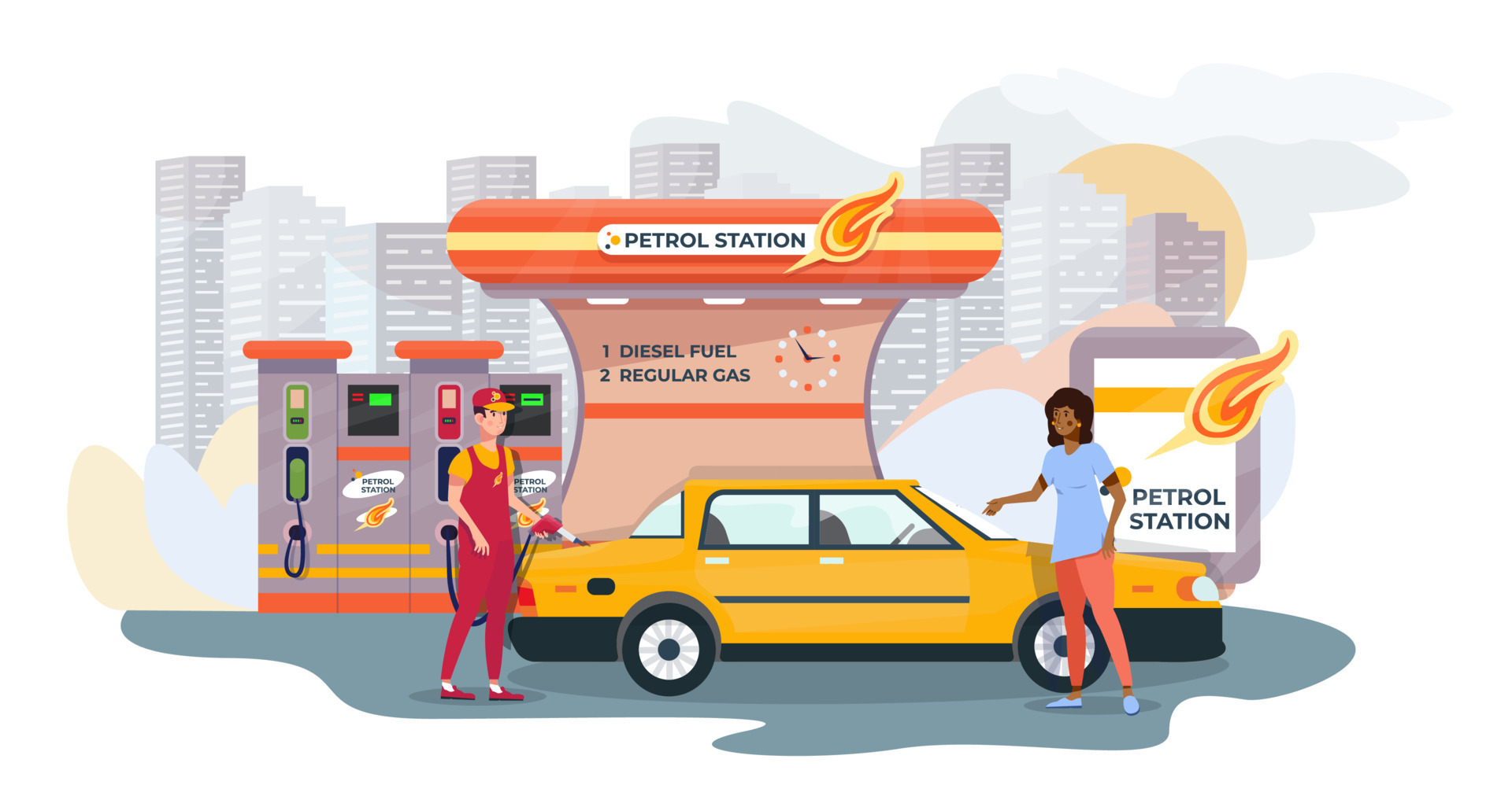 Petrol station attendant filling up customer car. Service. Oil and gas