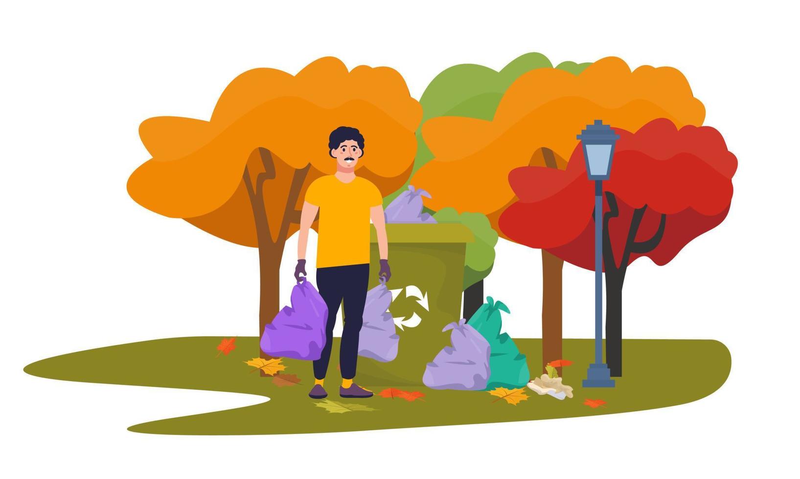 Volunteer man cleaning up territory from old leaves and waste, plastic, rubbish. Man carrying garbage bags. Earth day. Environment protection, ecosystem concept. Clean-up of the territory. vector