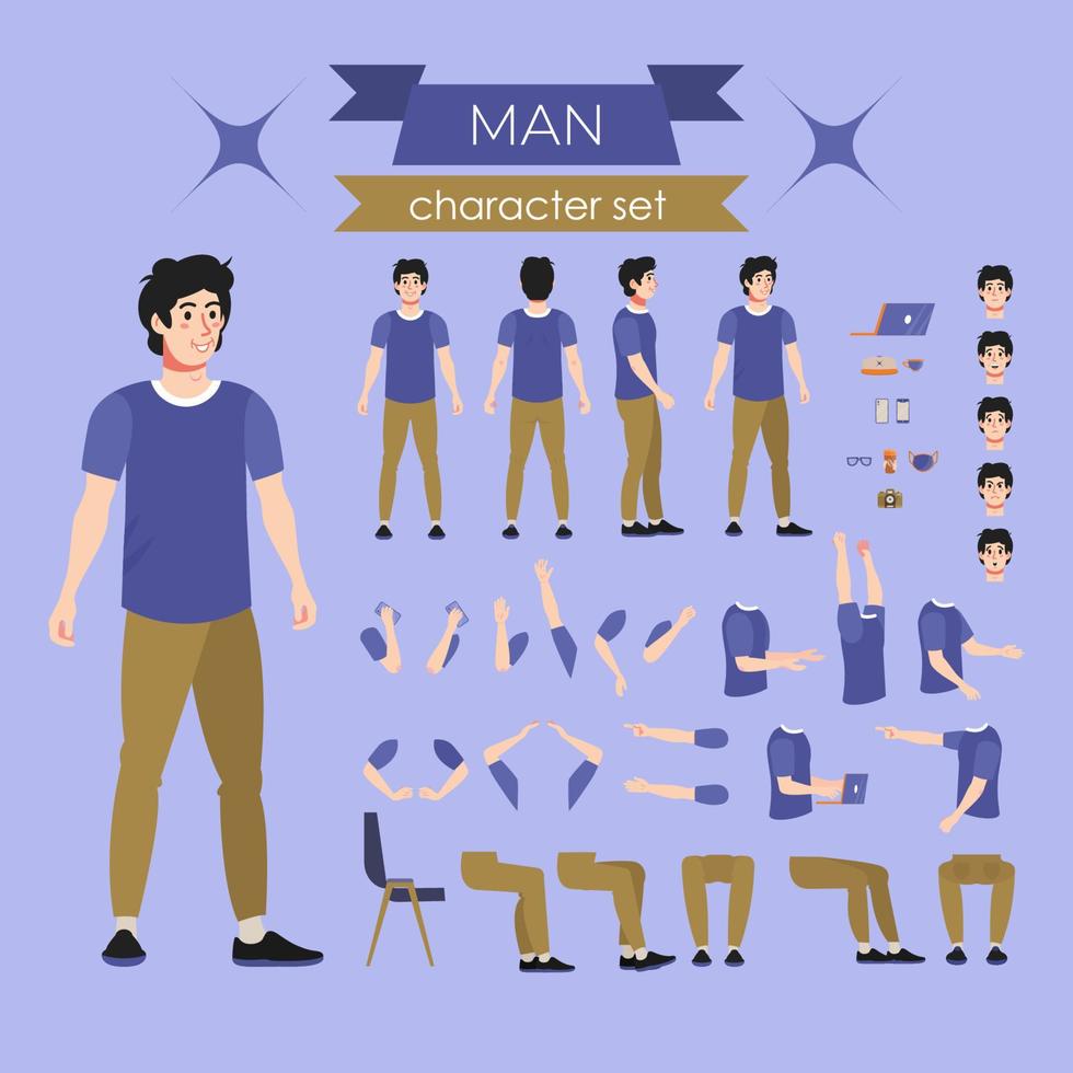 conjunto de caracteres masculinos. conjunto de caracteres de hombre. poses, gestos de un hombre. colección de emociones feliz, alegre, neutral, conmocionada, sorprendida, enojada. manos sosteniendo objetos. vista frontal, lateral, trasera. vector