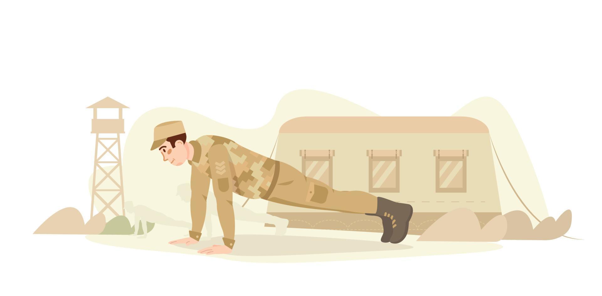 Army training, military training. Solider doing press-ups, push-ups. Physical training in the military camp, base. Sport. Fight, combat preparation. Flat vector illustration.