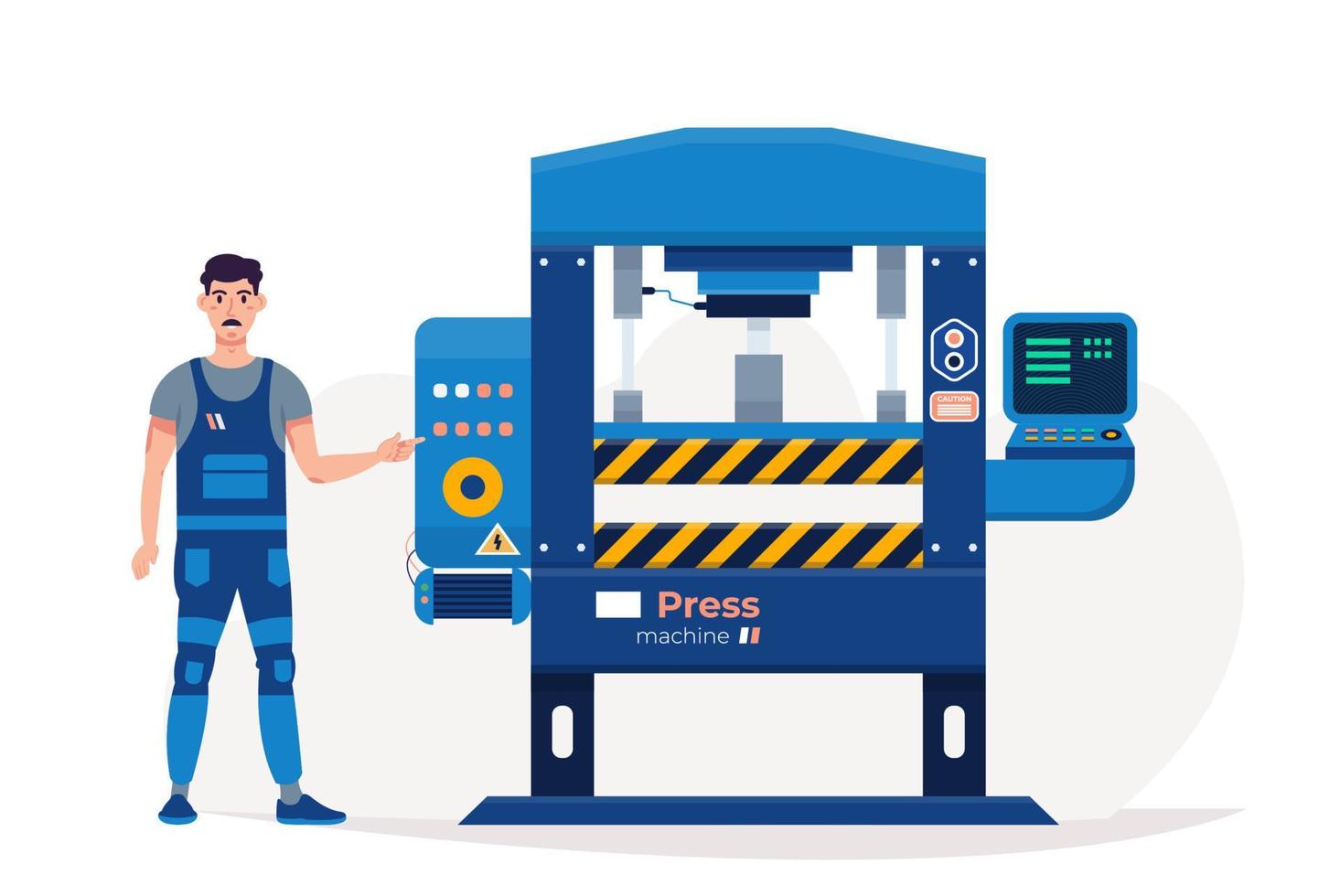 prensa de máquina y operador aislados. prensa formadora. Ilustración de vector plano de equipo industrial.