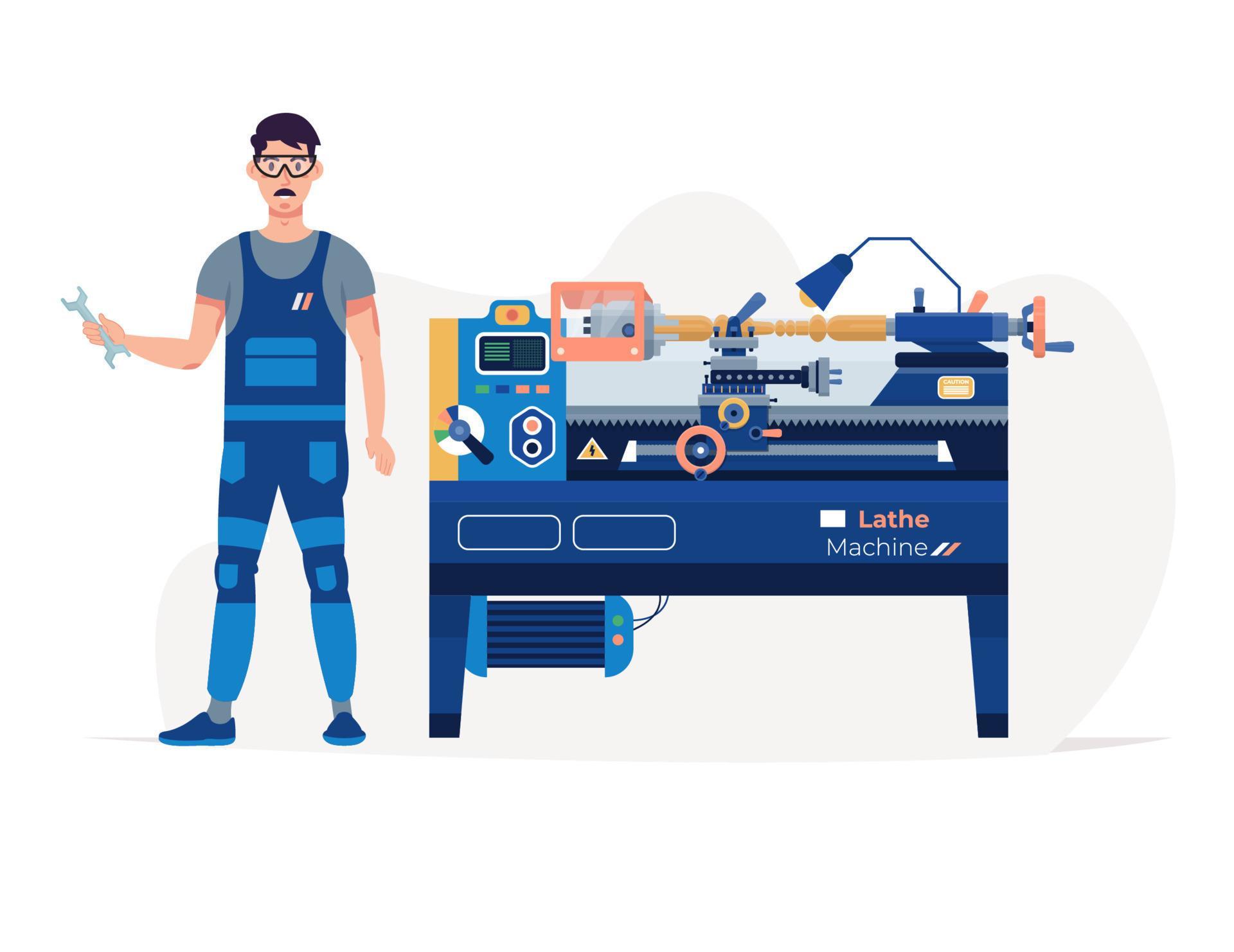 Lathe machine and worker isolated. Carpenter, turner working on the