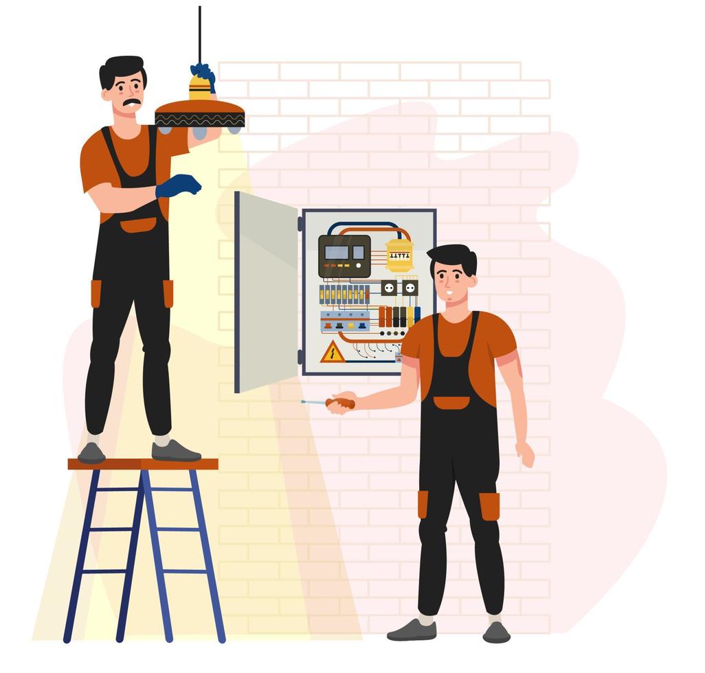 Two electricians hanging the lamp and repairing wire and conductors in the breaker box. Electricity services, electrical works. Energy-efficient lamp. Professionals. Advertisement, banner. vector