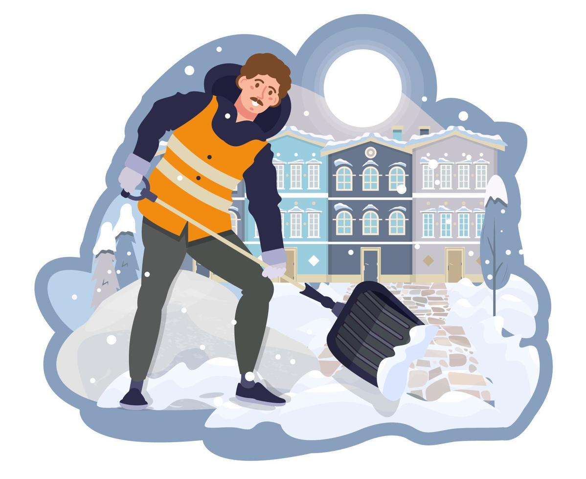 trabajador masculino quitando la nieve del pavimento con una pala. hombre limpiando el territorio cerca de la casa, camino nevado. obras públicas municipales en invierno. ventisqueros en la ciudad. vector