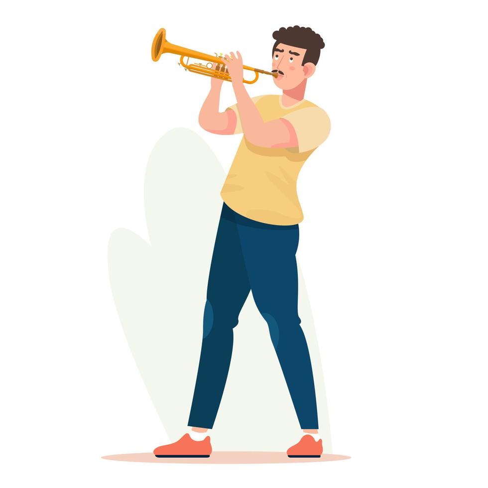 hombre tocando una trompeta. trompetista. Ilustración de vector plano de músico.