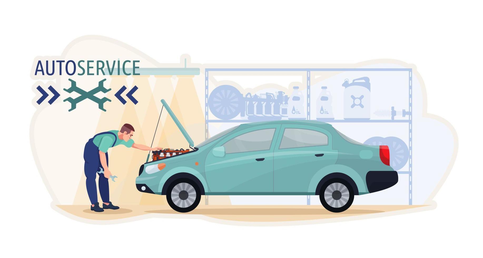 Repairman repairing car engine in the workshop. Inspection, diagnostic service. Worker inspecting breakdown. Flat vector illustration.